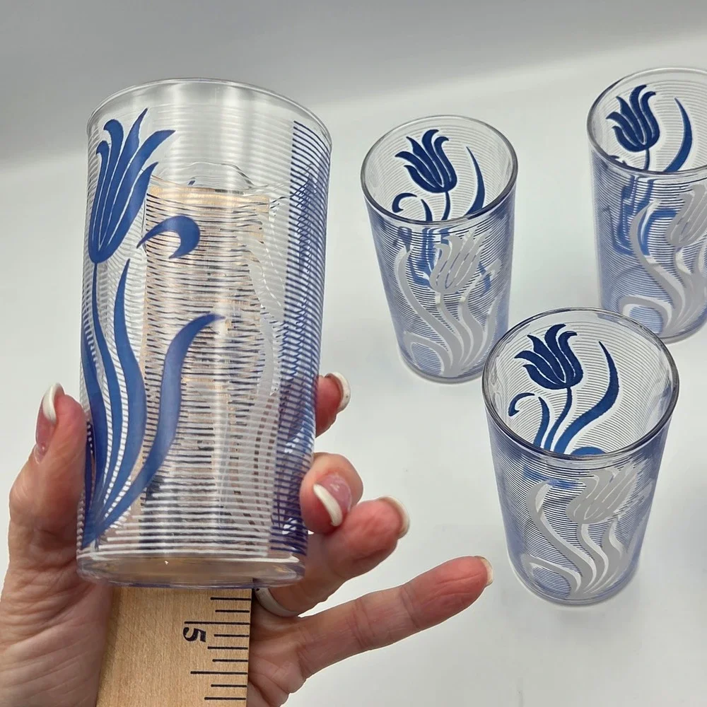 Unbranded Tulip Tumbler Glasses Set of 6 Blue White Floral Vintage Style 10oz